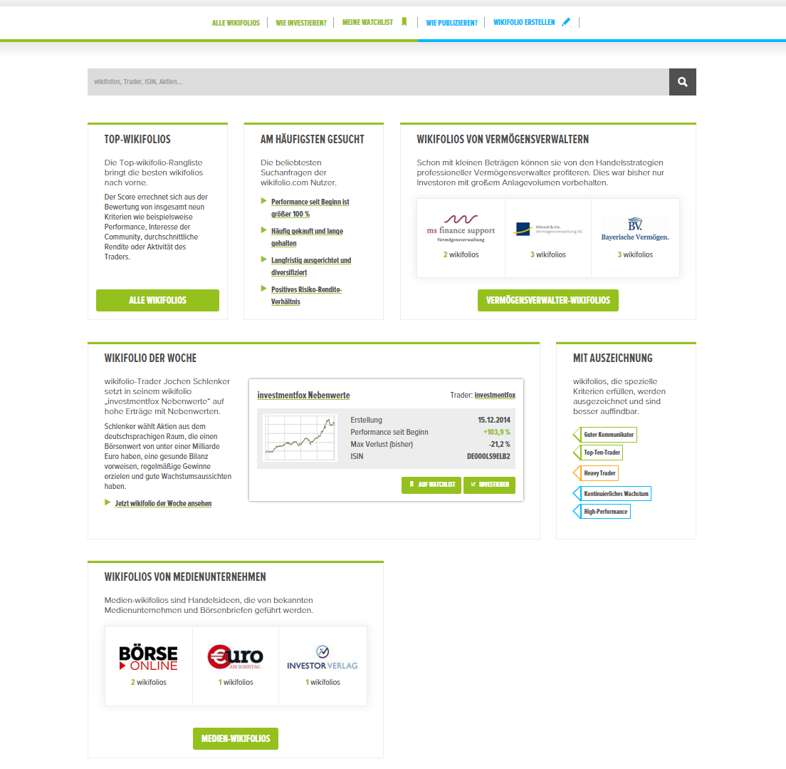 Screenshot Relaunch wikifolio.com Suchübersicht